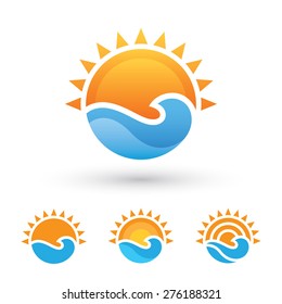 Bright abstract symbol with sun and sea wave in four variations isolated on white background