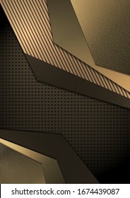 Helle abstrakte technische Zusammensetzung, geometrische Formen, Überlappung, Streifen, Punkte, perforierter dunkler Hintergrund. Die Farben des Goldes. Moderne Vorlage für Ihr Corporate Design. Vektorillustration