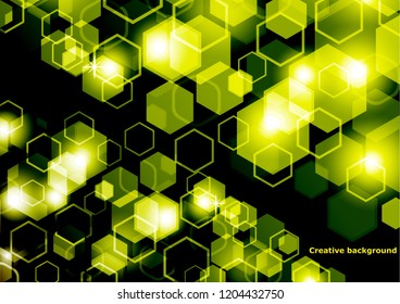 Bright abstract techno background with hexagons and glowing sparks.