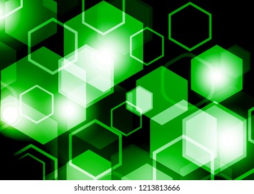 Bright abstract techno background with hexagons and glowing sparks.