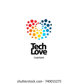 Bright abstract technological heart from colorful circles. Digital tech love symbol. Beauty design.