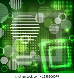 Bright abstract texture with circles and stripes, squares. Vector illustration of surface design for print and the web.
