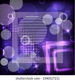Bright abstract texture with circles and stripes, squares. Vector illustration of surface design for print and the web.