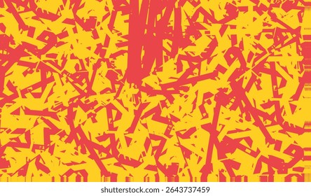 Bright abstract texture with scattered red shapes on yellow background. High-energy and chaotic pattern suitable for creative or playful designs.