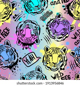 Bright Abstract Tiger Patter. Hand Drawn Background With Splashes Of Paint In Doodle Style For Textile.