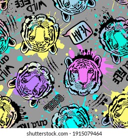 Bright Abstract Tiger Patter. Hand Drawn Background With Splashes Of Paint In Doodle Style For Textile.