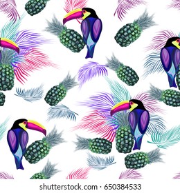 Bright abstract toucan, birds, palm leaves, pineapples, fruits, safari seamless pattern, vector illustration