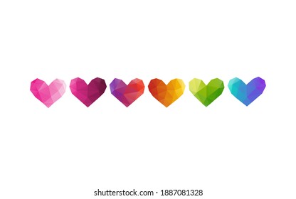 Bright abstract triangle hearts in a row. Valentines day banner, placard, card template design. Rainbow palette art. Vector illustration.