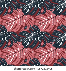 Bright abstract tropical seamless pattern with monstera leaves. Pink and navy blue exotic foliage print. Great for fabric design, textile print, wrapping, cover. Vector illustration.