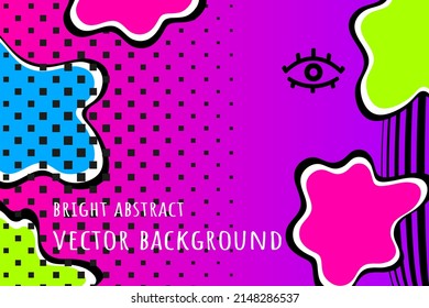 Bright abstract vector background in neon colors. Splashes, geometric dots, gradient, lines in the trendy animation style of the 90s. Design for websites, banners, wallpapers, etc.