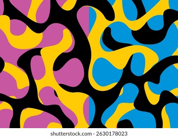 Fundo de vetor abstrato brilhante com formas orgânicas suaves em cores ricas de amarelo, roxo e preto. Arte digital psicodélica. para capas, cartazes, têxteis e design gráfico. Padrão de cores