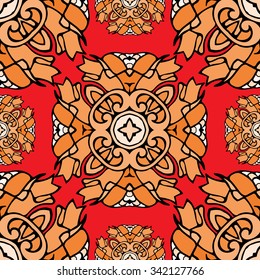 Bright abstract vector decorative floral colorful seamless pattern in ethnic style on red background.