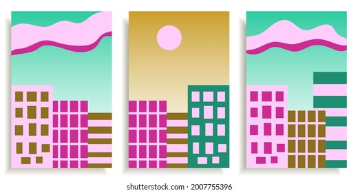Bright abstract vector illustration in blue-green pink colors. A set of posters for prints, templates, covers. City landscape, houses, buildings, street, sky and sun.
