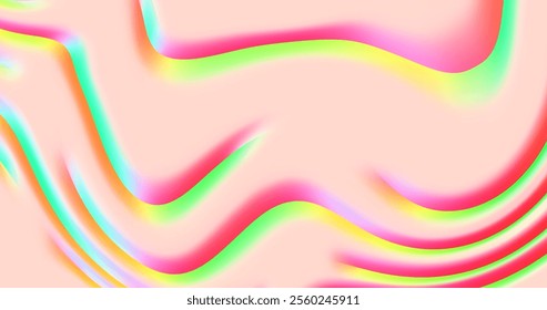 Bright abstract vector image with wavy lines and smooth transitions of colors on a yellow background. The combination of shades of pink, green and blue creates a rainbow effect and dynamic movement, i