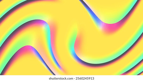 Bright abstract vector image with wavy lines and smooth transitions of colors on a yellow background. The combination of shades of pink, green and blue creates a rainbow effect and dynamic movement, i