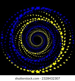 Bright abstract vector pattern in the form of blue and gold stars twisted into a spiral on a black background