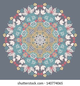 Papel de fondo de pantalla abstracto brillante en vectores. Estilo Mandala. Recorrer el fondo con muchos detalles. Motivo oriental con pájaros y flores
