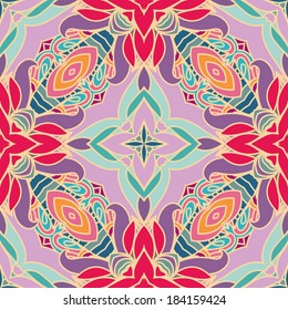 Bright abstract vintage wallpaper in vector. Mandala style. Seamless pattern can be used for wallpapers, pattern fills, web page backgrounds, surface textures. Gorgeous seamless vintage background