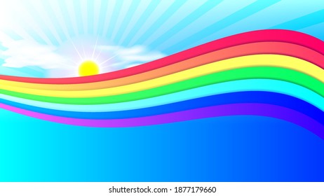 Bright abstract wavy rainbow poster. Clouds and radiant sun. EPS10