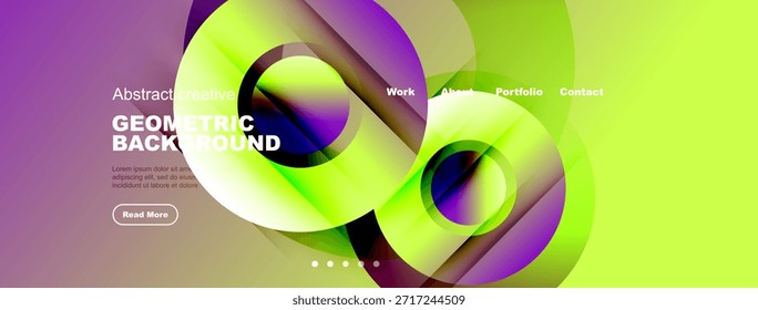 Diseño de Sitio web abstracto brillante. Formas geométricas, colores vibrantes, diseño moderno. Elementos de texto presentes, navegación visible.