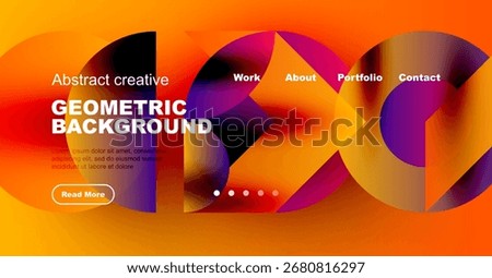 Bright abstract website header. Geometric shapes, vibrant colors, text overlay, navigation menu present. Modern design elements visible.