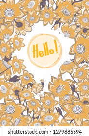 Bright abstract wild flowers, circle frame