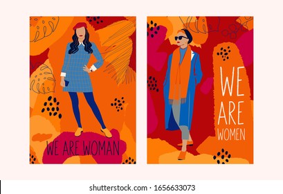 Bright abstract women illustration, fashion concept, woman beauty with geometric doodle abstract floral elements.Feminisms concept template design. Can be used for card, flyer, banner, poster.