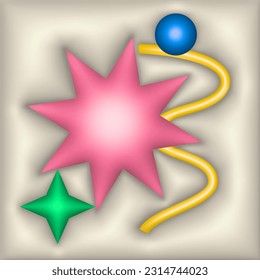 Bright Abstract Y2k Style 3d Geometric Shapes. Vector Memphis Futuristic Pattern. Modern Graphic Design for Poster and Placard. Funny Contemporary Art