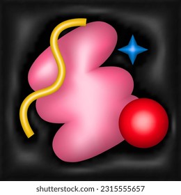 Bright Abstract Y2k Style 3d Colorful Geometric Shapes on Dark Background. Vector Memphis Futuristic Pattern. Modern Graphic Design for Poster and Placard. Funny Contemporary Art.