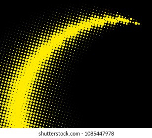 Bright abstract yellow whirl dotted pattern on black background. Halftone effect. Vector illustration.