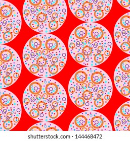 Bright abstraction from circles and stars on a red background. Vector illustration