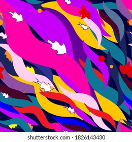Bright abstraction. Seamless pattern in purple, yellow, blue colors and insects. Colorful background texture for design, printing, textiles, fabrics, packaging, wrapping paper, wallpaper