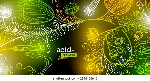 Bright acid colors of flowers in the form of thin lines. Neon glow on a dark background. Abstract painting. Suitable for banners, flyers, labels and covers.