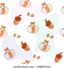 Bright acorns, delicate pumpkins and coffee beans in autumn composition.
Vector pattern. 