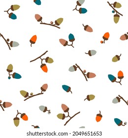 Bright acorns on a white background seamless pattern. Vector illustration template for printing wrapping paper and fabric, wallpaper.