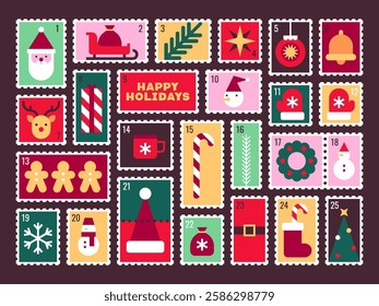 Bright Advent Calendar with Festive Holiday Icons in Stamp Design Vector Illustration