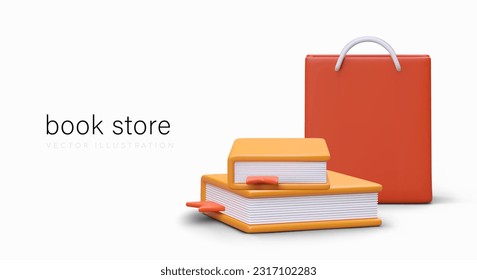 Bright advertisement for bookstore. 3D books in cartoon style. Paperback, hardcover volumes with bookmarks. World book day. Gift for person of any age