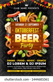 Bright advertisement poster template of Oktoberfest beer party with different objects related with beer festival. Hand drawn doodle pattern on background. Vector illustration.