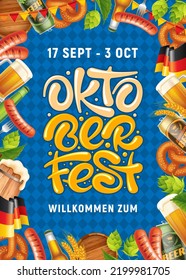 Bright advertisement poster template of Oktoberfest festival with Hand drawn lettering Oktoberfest, objects related with beer festival  and blue rhombus pattern on background. Vector illustration