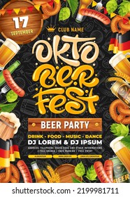 Brillante plantilla de afiche publicitario de la fiesta de cerveza Oktoberfest con objetos relacionados con el festival de la cerveza. Letras dibujadas a mano de Oktoberfest y patrón de doodle en el fondo. Ilustración del vector