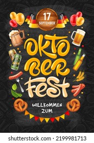 Bright advertisement poster template of Oktoberfest festival with hand drawn lettering Oktoberfest, objects related with beer festival  and hand drawn pattern on blackboard background. Vector 