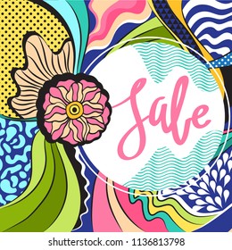 Bright advertising background with different elements for sales. Vector illustration