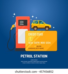 Bright advertising poster on the theme of gas station. Purchase fuel with a credit card. Vector illustration.