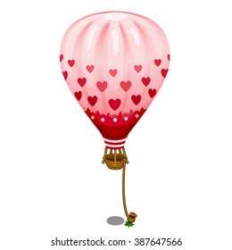 Bright aerostat with an ornament in the form of red hearts isolated on white background. Vector cartoon close-up illustration.