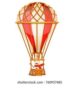 Bright aerostat with snowman isolated on white background. Vintage air transport for trip around the world, travels, romantic adventures. Character of Christmas. Vector cartoon close-up illustration.
