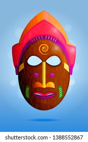 Bright african wooden mask with bright ornament isolated on blue bokeh background. Vector illustration