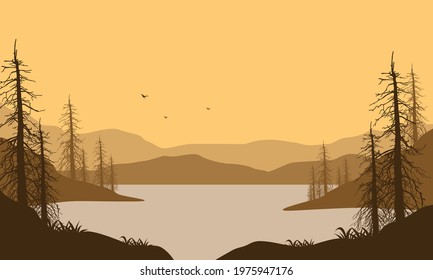 A bright afternoon sky with a beautiful view of the mountains from the river bank. Vector illustration of a city