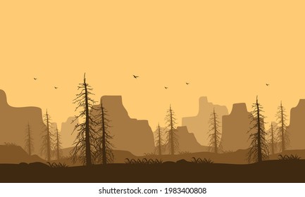 A bright afternoon sky with stunning silhouettes of mountains and pine trees. Vector illustration of a city