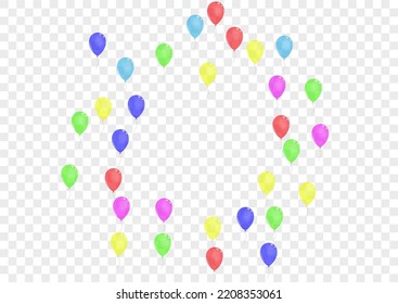 Bright Air Background Transparent Vector. Baloon Fun Set. Blue Anniversary. Purple Surprise. Helium Falling Banner.