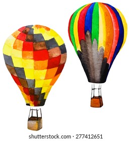 Bright air balloons. Hand painted watercolor illustration. Vector isolated images on the white background. Aerostat.